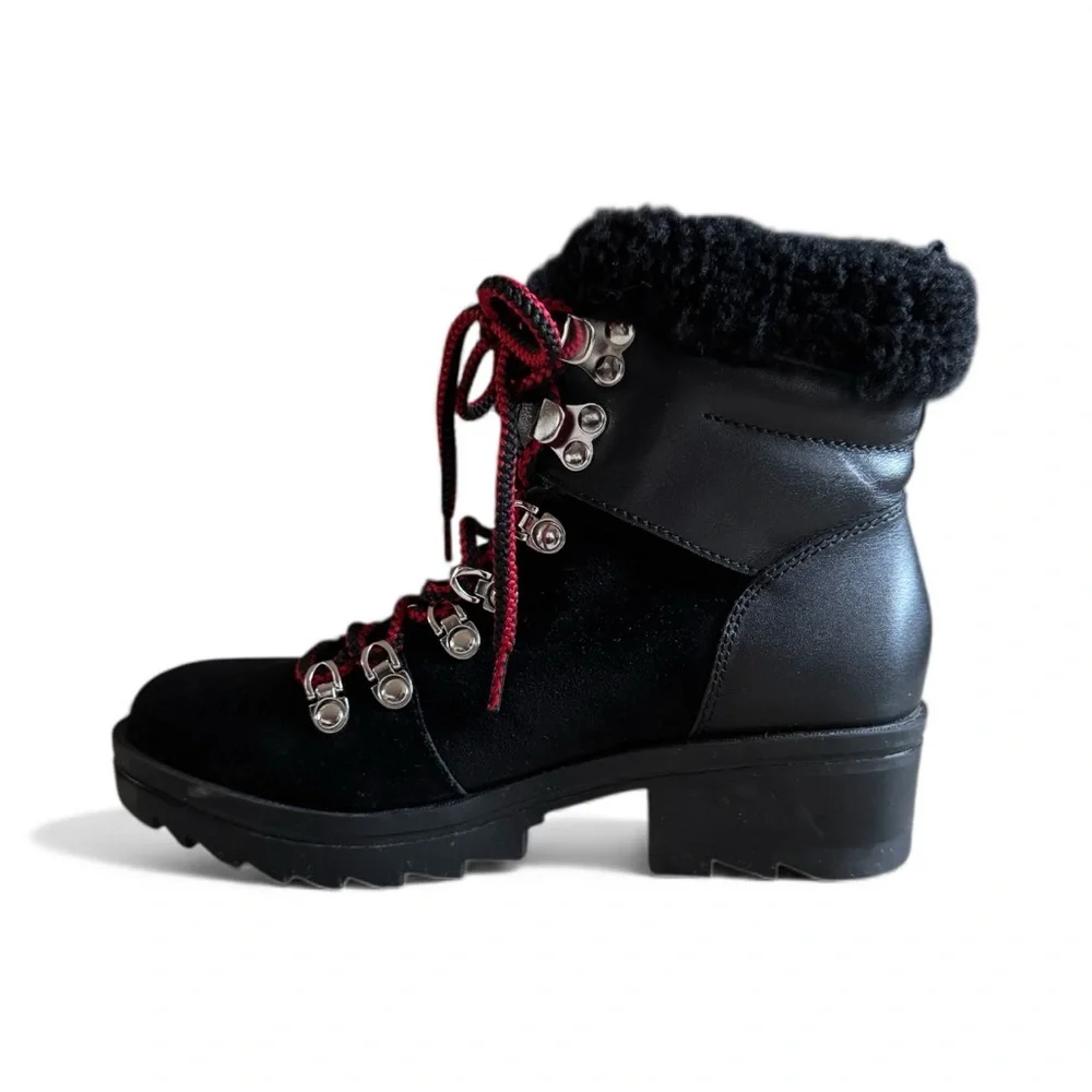 Marc Fisher Suede Faux Fur Fall Winter Boots Lace-Up Lug Sole Black Red Size 5.5
